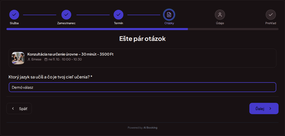 Systém na rezerváciu termínov pre učiteľov jazykov – Predrezervačná otázka pre jazykovú hodinu: Ktorý jazyk sa učíš a čo je tvoj cieľ učenia?