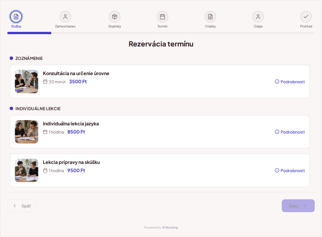 Systém na rezerváciu termínov pre učiteľov jazykov – Konzultácia na určenie úrovne, Individuálna lekcia jazyka, Lekcia prípravy na skúšku s cenami, dĺžkou a kategóriami