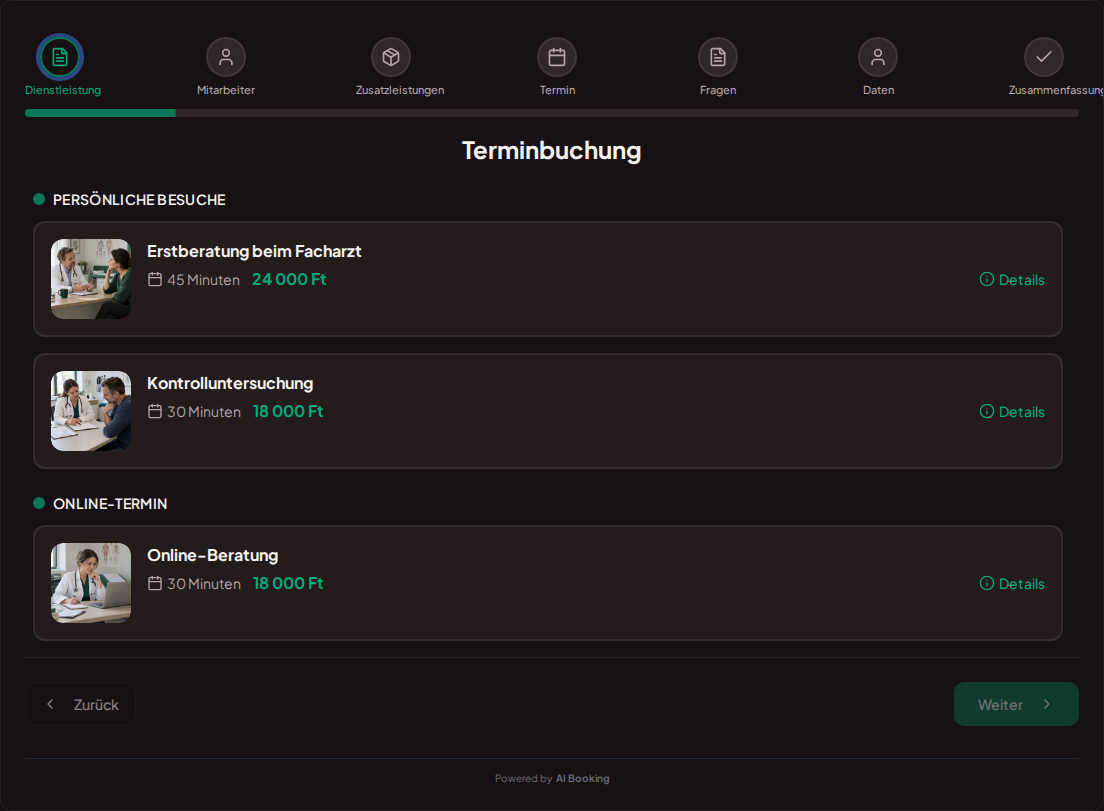 Terminbuchungssystem für Privatärzte – Erstberatung beim Facharzt, Kontrolluntersuchung, Online-Konsultation mit Preisen, Dauer und Kategorien