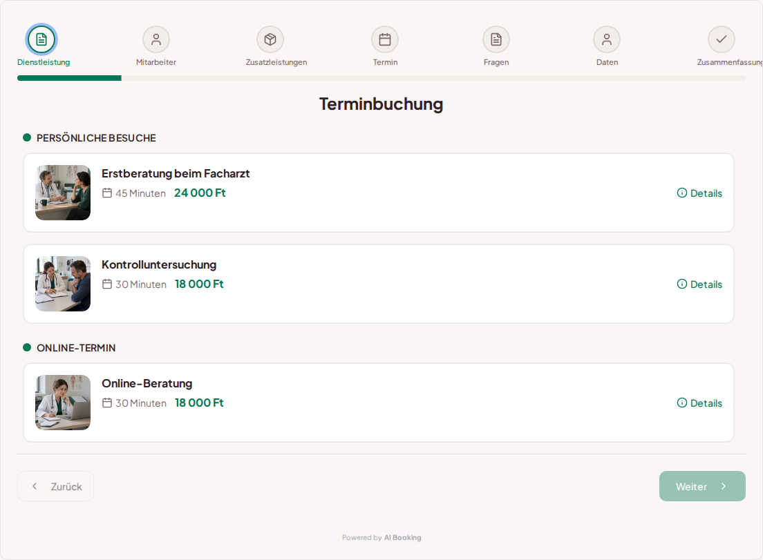 Terminbuchungssystem für Privatärzte – Erstberatung beim Facharzt, Kontrolluntersuchung, Online-Konsultation mit Preisen, Dauer und Kategorien