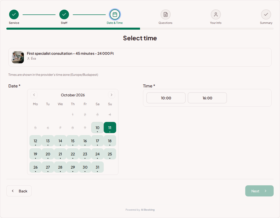 Appointment booking system for private doctors – Private medical clinic booking calendar with available slots for the selected service