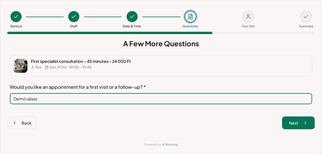 Appointment booking system for private doctors – Private medical visit pre-booking question: Would you like an appointment for a first visit or a check-up?