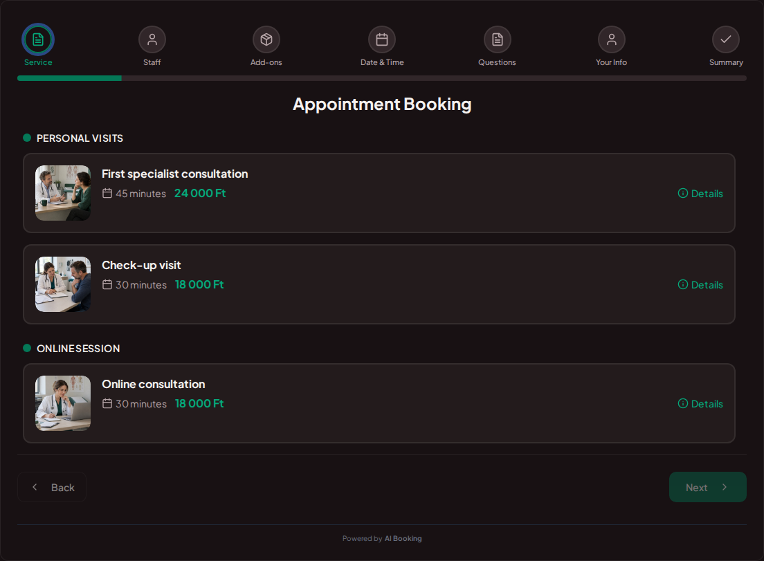 Appointment booking system for private doctors – First specialist consultation, Check-up visit, Online consultation with prices, durations, and categories