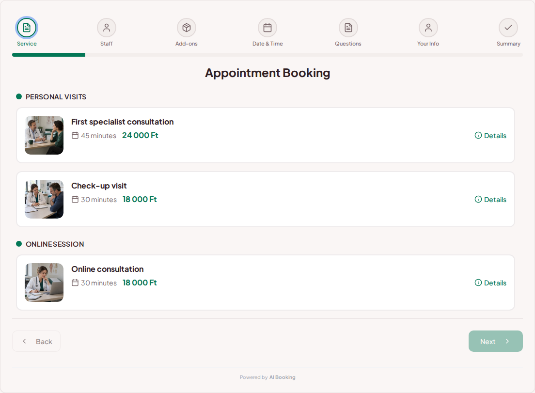 Appointment booking system for private doctors – First specialist consultation, Check-up visit, Online consultation with prices, durations, and categories