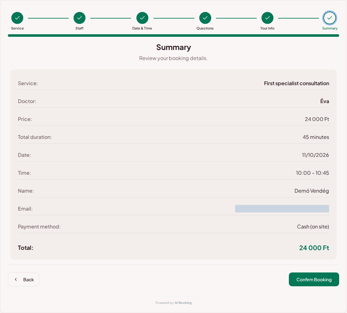 Appointment booking system for private doctors – Private medical visit booking summary with service, specialist, time, and fee