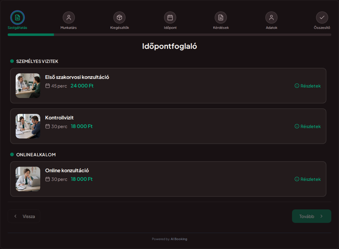 Időpontfoglaló rendszer magánorvosoknak – Első szakorvosi konzultáció, Kontrollvizit, Online konzultáció árakkal, időtartammal és kategóriákkal