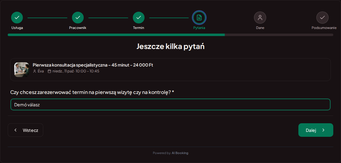 System rezerwacji dla prywatnych gabinetów lekarskich – Pytanie wstępne do rezerwacji wizyty lekarskiej: Chcesz umówić się na pierwszą wizytę czy na kontrolę?