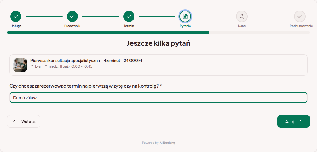 System rezerwacji dla prywatnych gabinetów lekarskich – Pytanie wstępne do rezerwacji wizyty lekarskiej: Chcesz umówić się na pierwszą wizytę czy na kontrolę?
