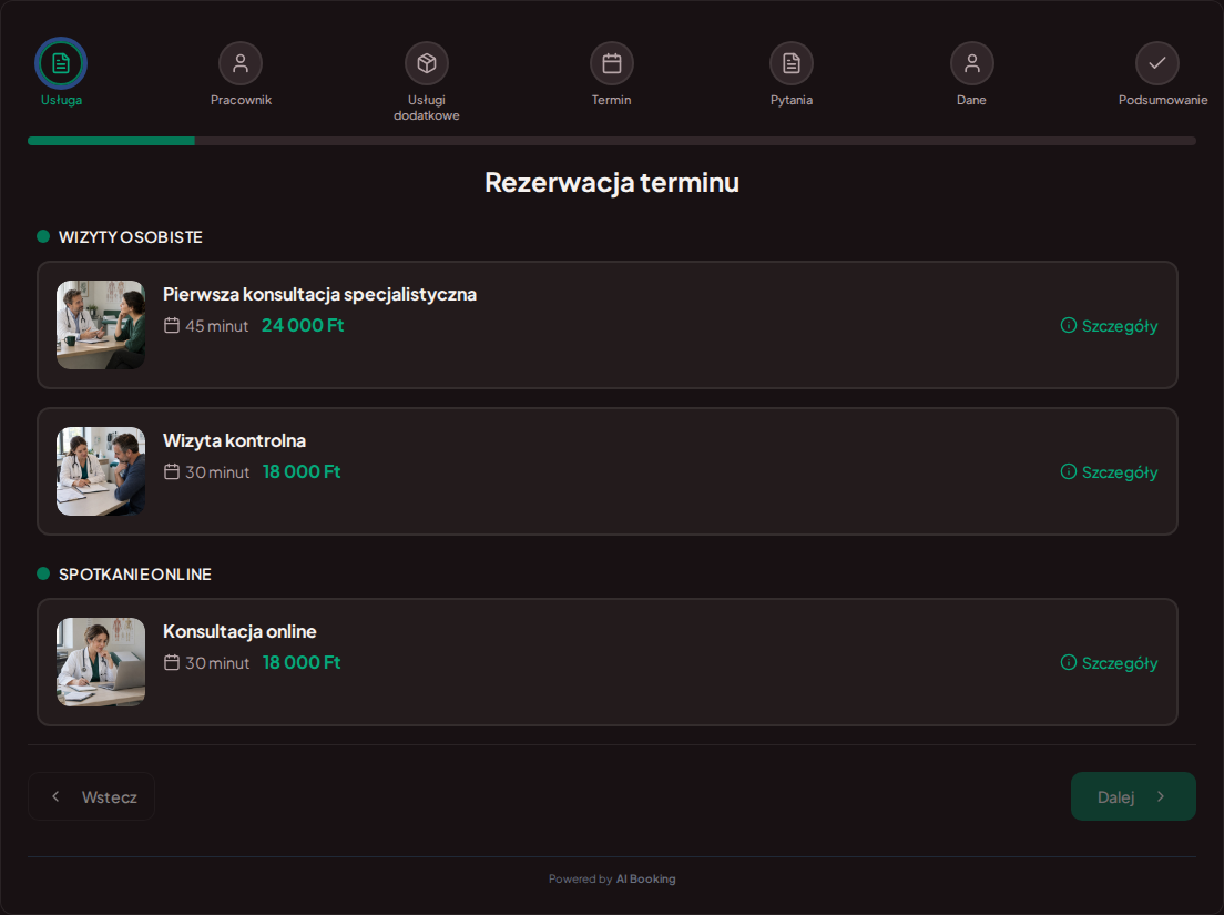 System rezerwacji dla prywatnych gabinetów lekarskich – Pierwsza konsultacja specjalistyczna, Wizyta kontrolna, Konsultacja online z cenami, czasem trwania i kategoriami