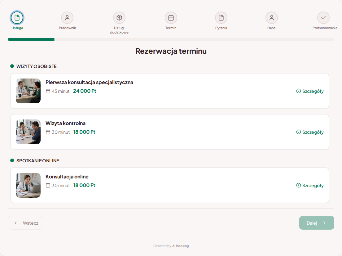 System rezerwacji dla prywatnych gabinetów lekarskich – Pierwsza konsultacja specjalistyczna, Wizyta kontrolna, Konsultacja online z cenami, czasem trwania i kategoriami