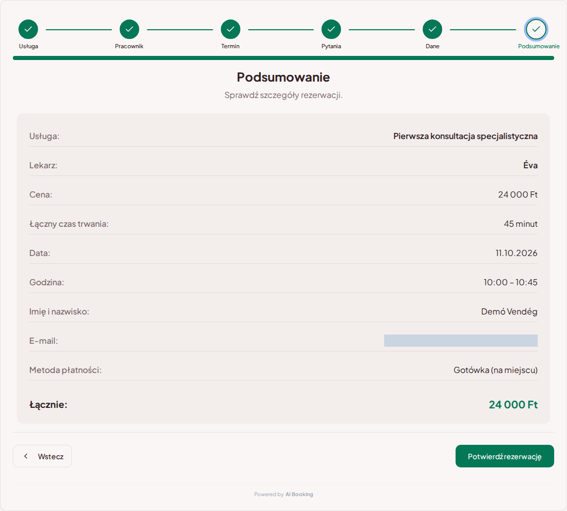 System rezerwacji dla prywatnych gabinetów lekarskich – Podsumowanie rezerwacji wizyty lekarskiej z usługą, specjalistą, terminem i ceną