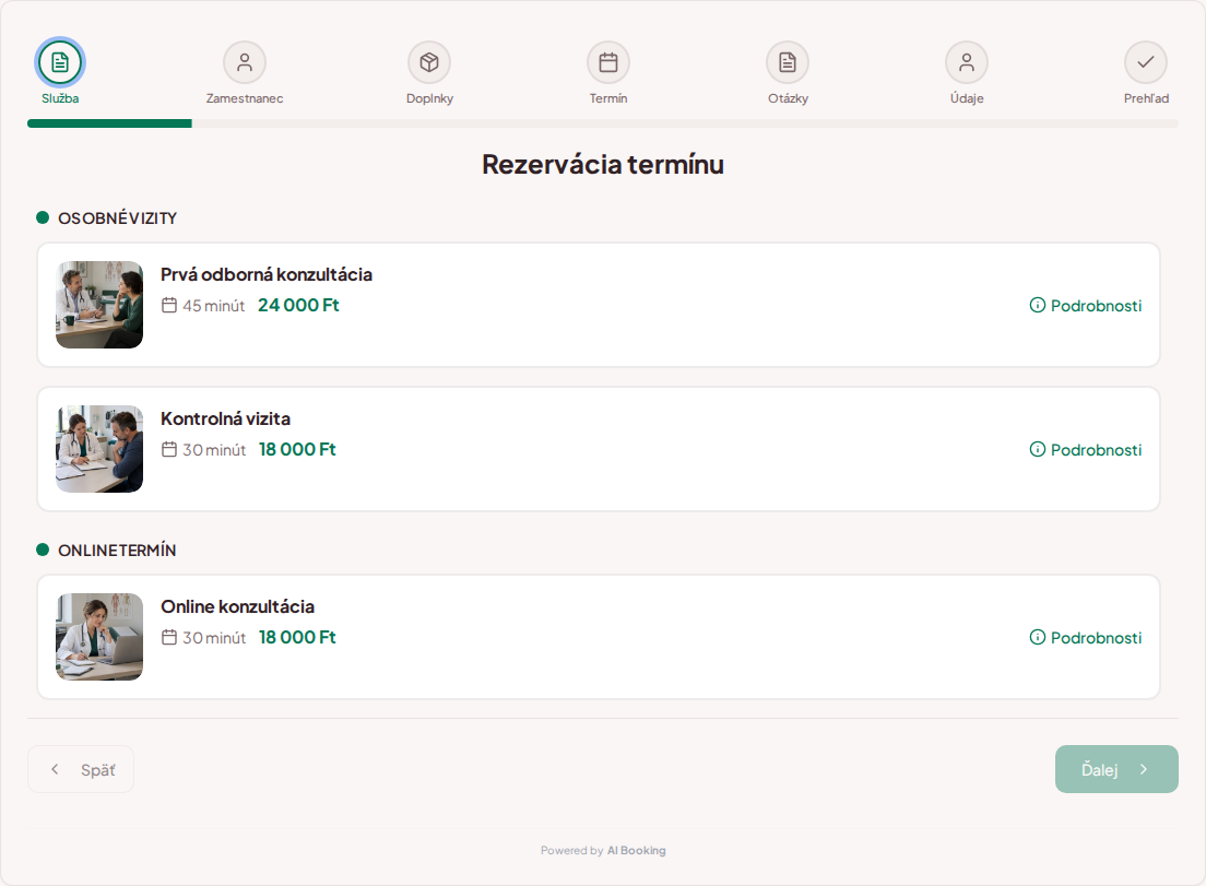 Systém na rezerváciu termínov pre súkromných lekárov – Prvá odborná konzultácia, Kontrolná vizita, Online konzultácia s cenami, dĺžkou a kategóriami Systém na rezerváciu termínov pre súkromných lekárov – Prvá odborná konzultácia, Kontrolná vizita, Online konzultácia s cenami, dĺžkou a kategóriami