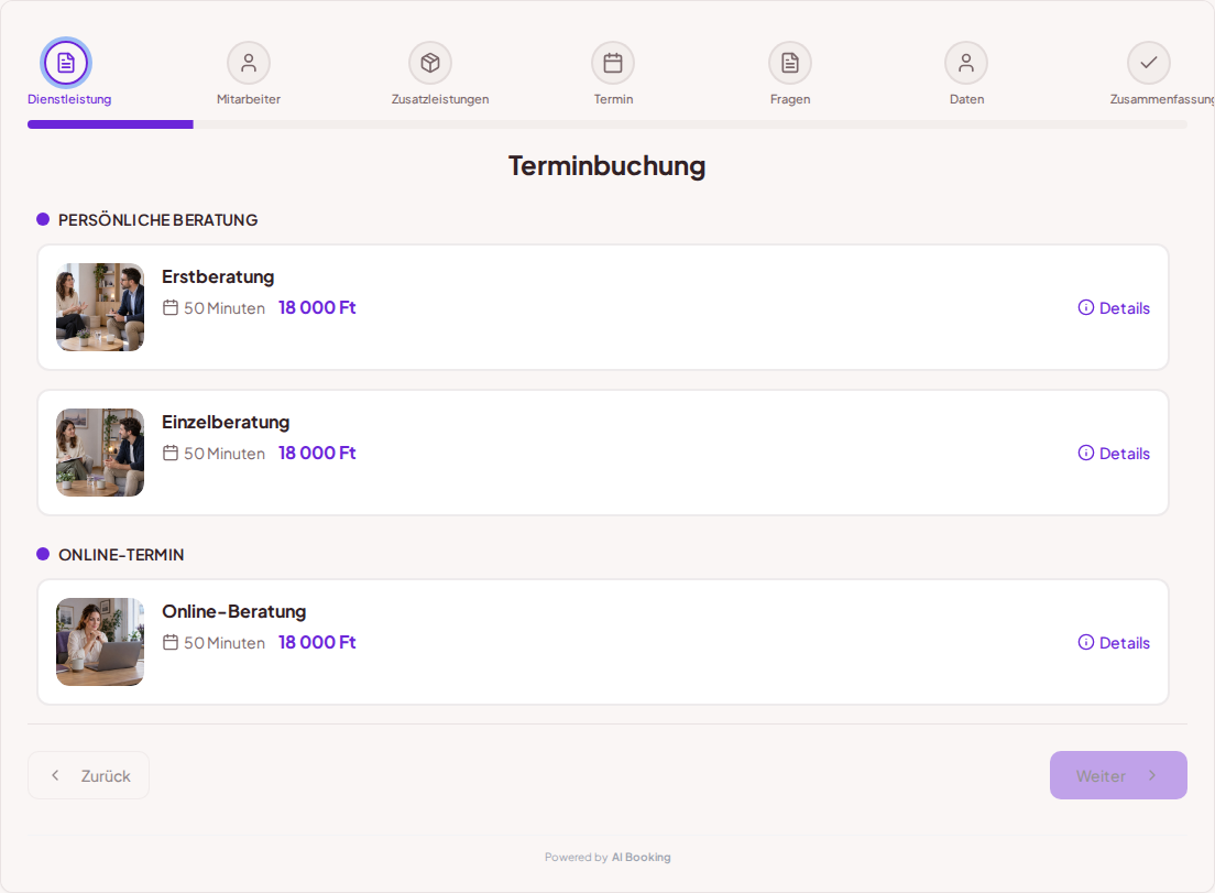 Terminbuchungssystem für Psychologen – Erstberatung, Einzelberatung, Online-Beratung mit Preisen, Dauer und Kategorien