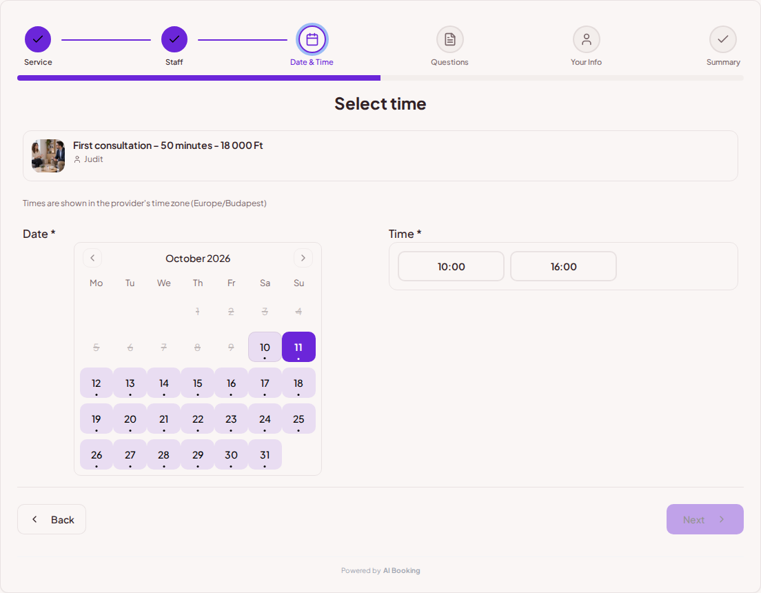 Appointment booking system for psychologists – Psychological consultation booking calendar with available slots for the chosen service