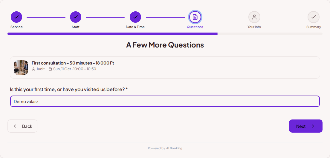 Appointment booking system for psychologists – Psychological consultation pre-booking question: Is this your first time, or have you visited us before?