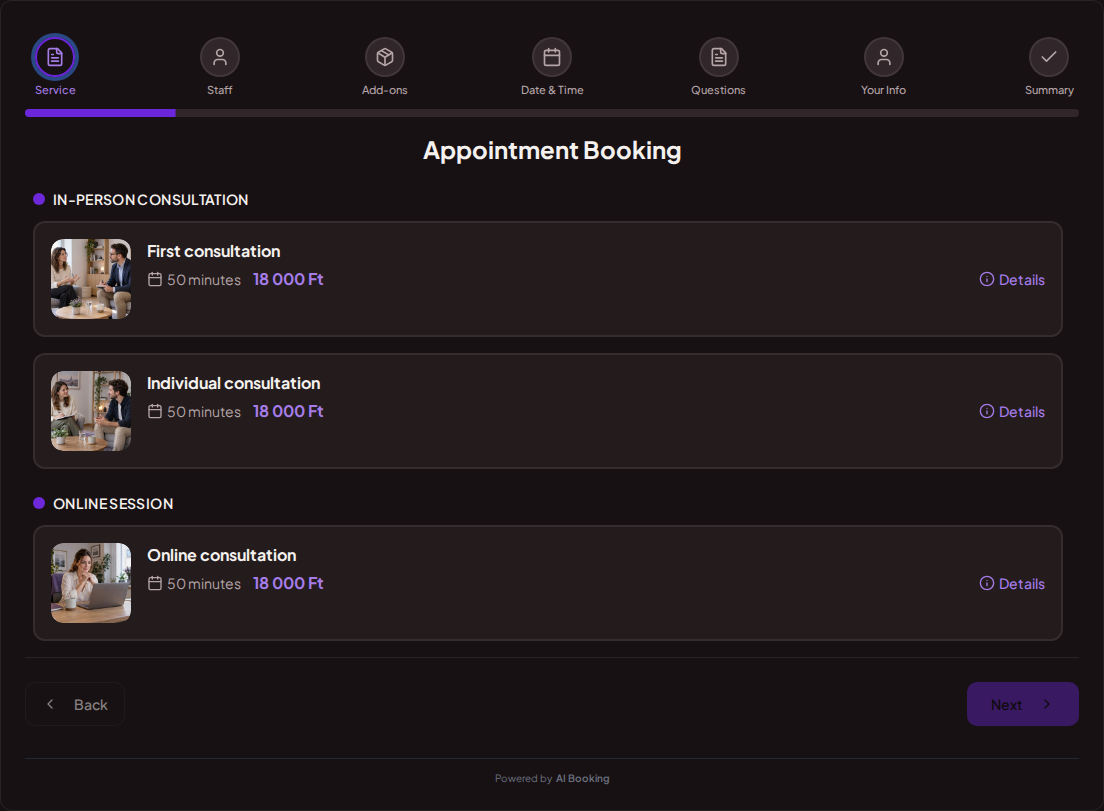 Appointment booking system for psychologists – First consultation, Individual consultation, Online consultation with prices, durations, and categories