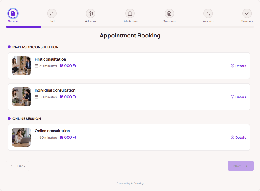 Appointment booking system for psychologists – First consultation, Individual consultation, Online consultation with prices, durations, and categories