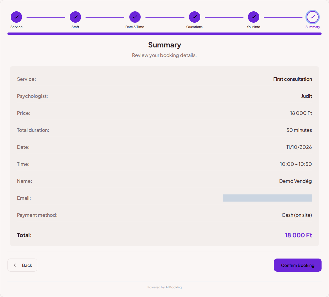 Appointment booking system for psychologists – Psychological consultation booking summary with service, professional, appointment, and fee