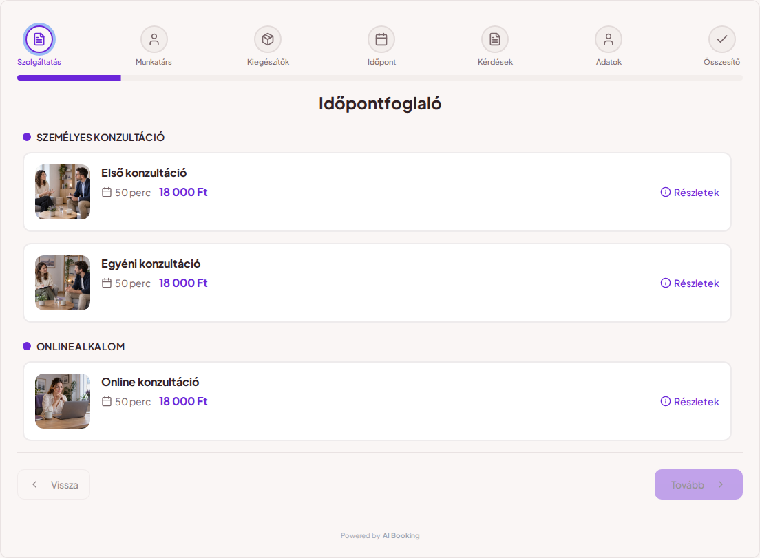 Időpontfoglaló rendszer pszichológusoknak – Első konzultáció, Egyéni konzultáció, Online konzultáció árakkal, időtartammal és kategóriákkal