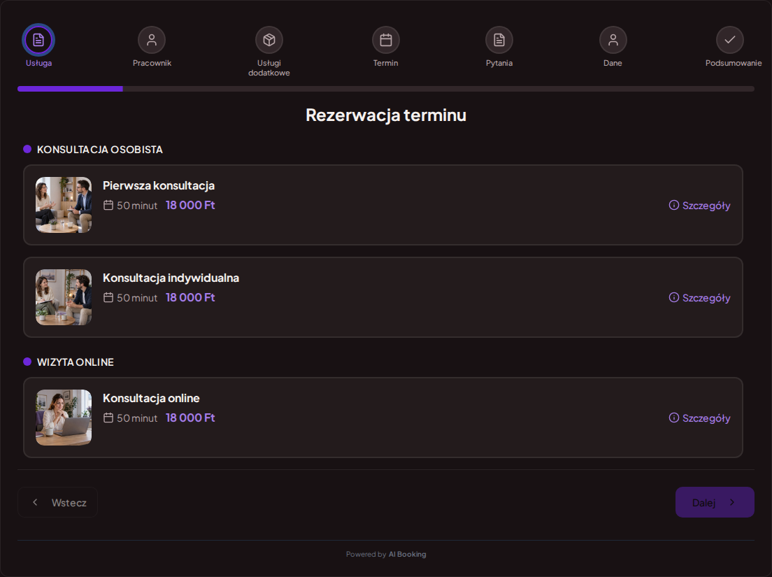 System rezerwacji terminów dla psychologów – Pierwsza konsultacja, Konsultacja indywidualna, Konsultacja online z cenami, czasem trwania i kategoriami