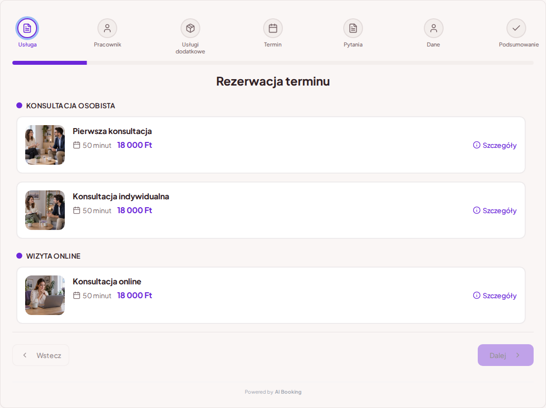 System rezerwacji terminów dla psychologów – Pierwsza konsultacja, Konsultacja indywidualna, Konsultacja online z cenami, czasem trwania i kategoriami