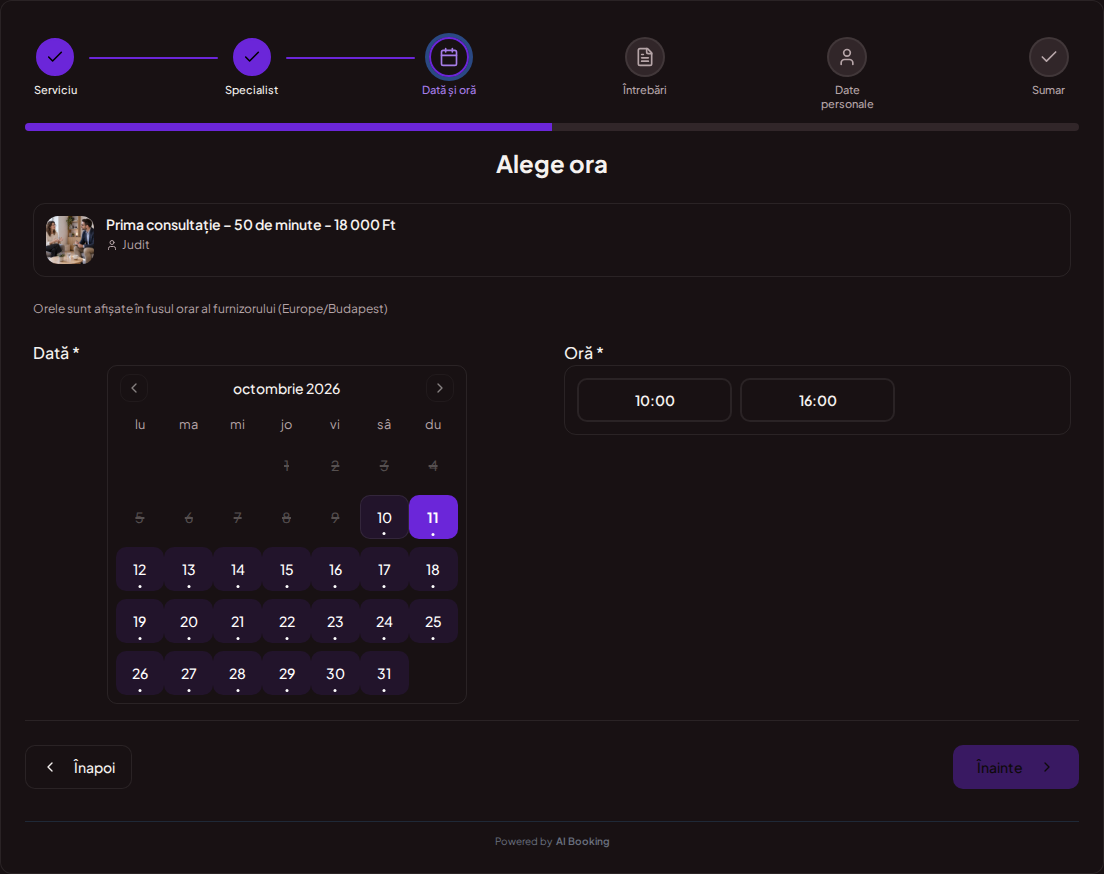 Sistem de programări pentru psihologi – Calendar de rezervări pentru consultații psihologice cu intervale libere pentru serviciul ales Sistem de programări pentru psihologi – Calendar de rezervări pentru consultații psihologice cu intervale libere pentru serviciul ales