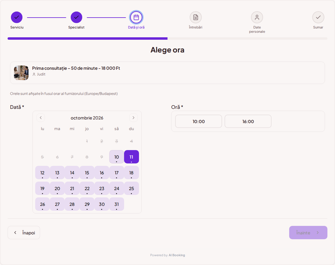 Sistem de programări pentru psihologi – Calendar de rezervări pentru consultații psihologice cu intervale libere pentru serviciul ales Sistem de programări pentru psihologi – Calendar de rezervări pentru consultații psihologice cu intervale libere pentru serviciul ales