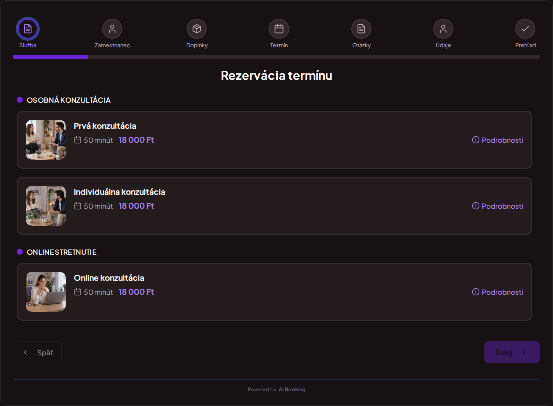 Systém na rezerváciu termínov pre psychológov – Prvá konzultácia, Individuálna konzultácia, Online konzultácia s cenami, dĺžkou a kategóriami