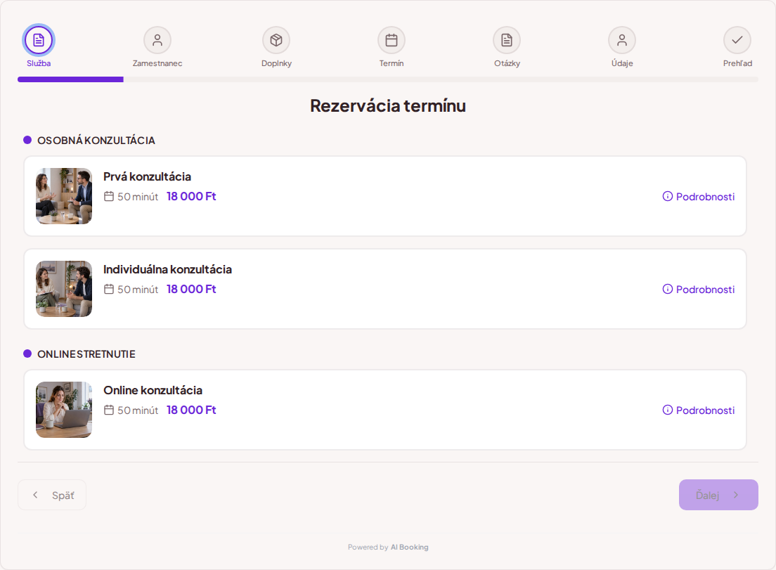 Systém na rezerváciu termínov pre psychológov – Prvá konzultácia, Individuálna konzultácia, Online konzultácia s cenami, dĺžkou a kategóriami