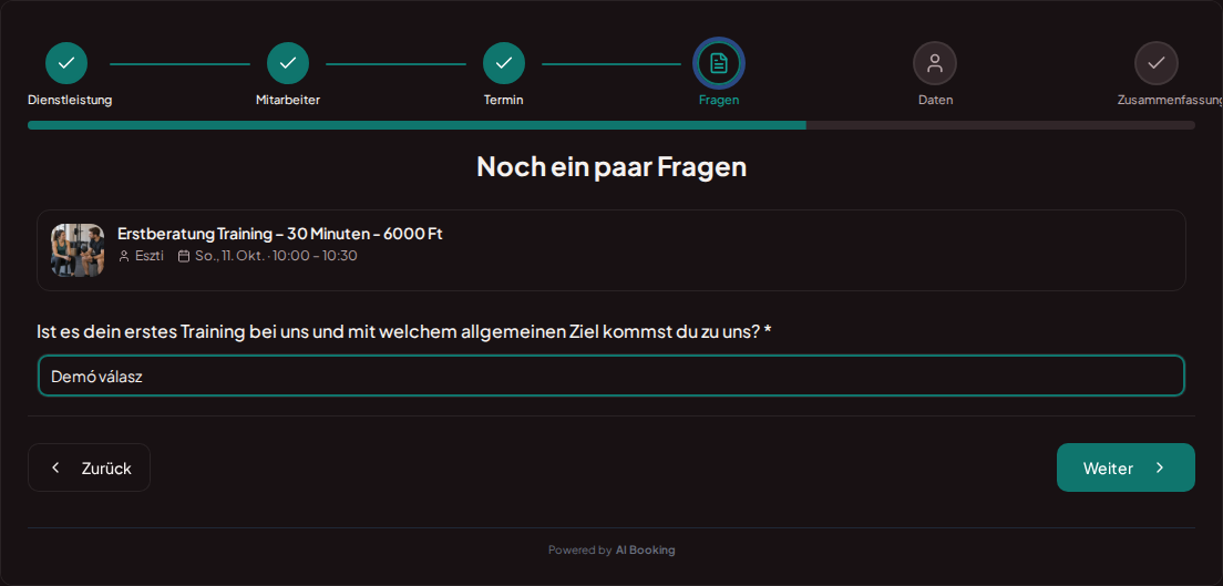 Terminbuchungssystem für Personal Trainer – Vorab-Buchungsfrage für Personal Training: Ist es dein erstes Training bei uns und mit welchem allgemeinen Ziel kommst du?