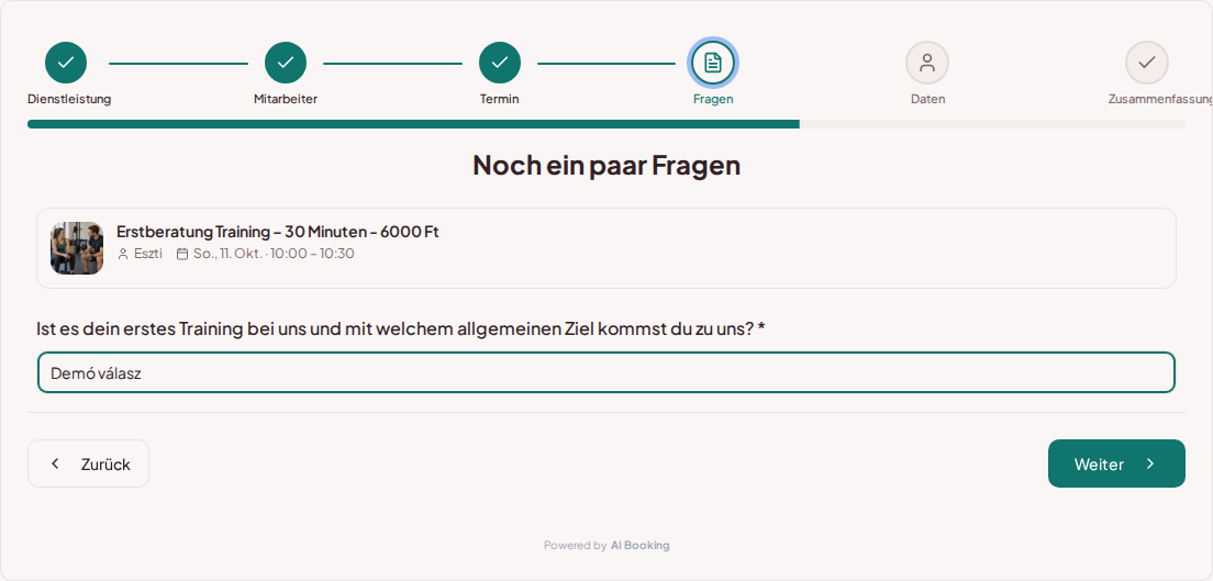 Terminbuchungssystem für Personal Trainer – Vorab-Buchungsfrage für Personal Training: Ist es dein erstes Training bei uns und mit welchem allgemeinen Ziel kommst du?