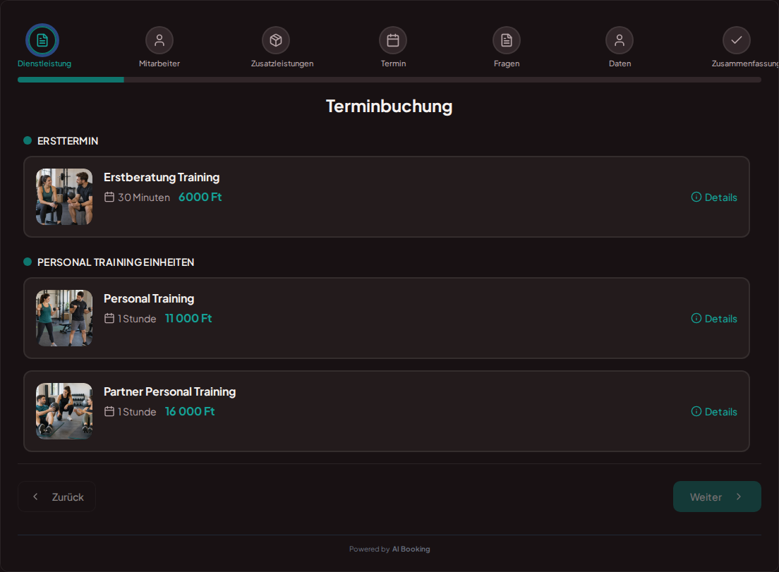 Terminbuchungssystem für Personal Trainer – Erstberatung Training, Personal Training, Partner Personal Training mit Preisen, Dauer und Kategorien