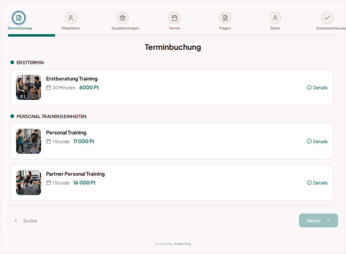 Terminbuchungssystem für Personal Trainer – Erstberatung Training, Personal Training, Partner Personal Training mit Preisen, Dauer und Kategorien