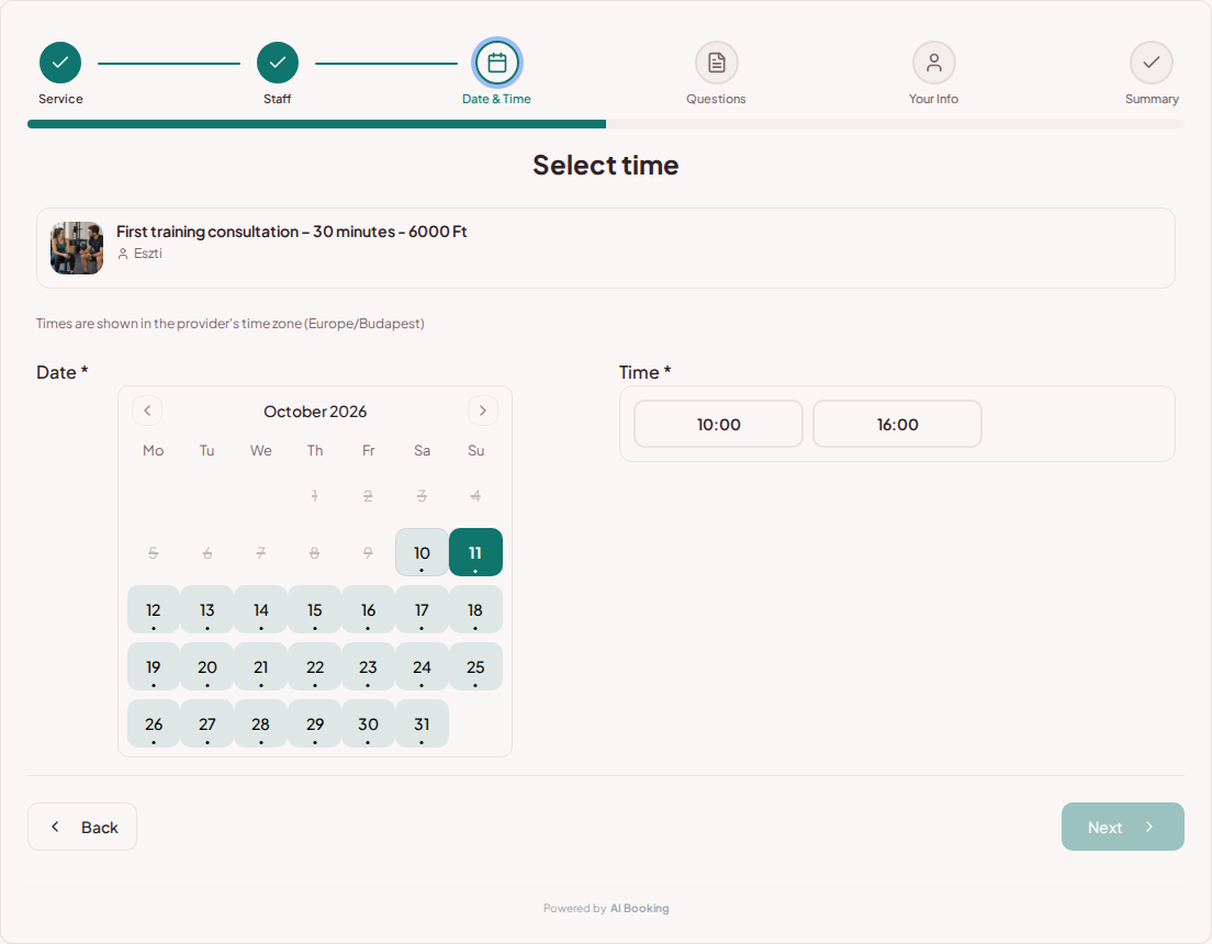 Appointment booking system for personal trainers – Personal training booking calendar with available slots for the selected service