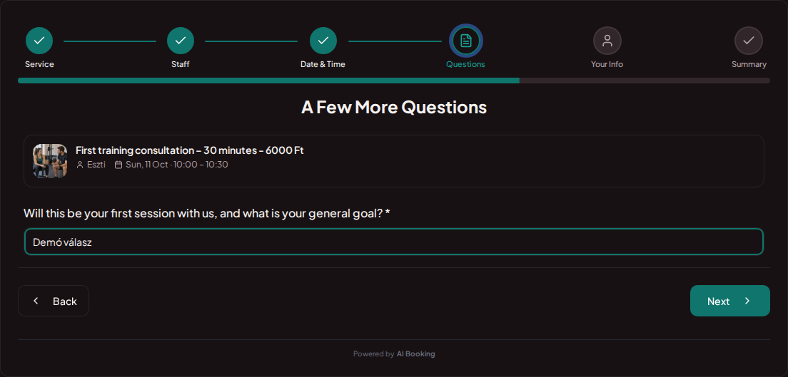 Appointment booking system for personal trainers – Personal training pre-booking question: Will this be your first workout with us, and what is your general goal?