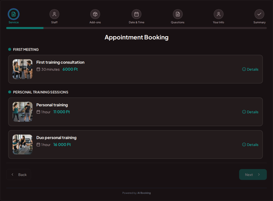 Appointment booking system for personal trainers – First training consultation, Personal training, Duo personal training with prices, durations, and categories