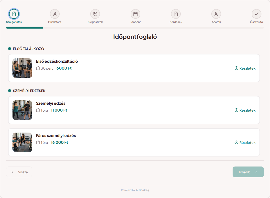 Időpontfoglaló rendszer személyi edzőknek – Első edzéskonzultáció, Személyi edzés, Páros személyi edzés árakkal, időtartammal és kategóriákkal