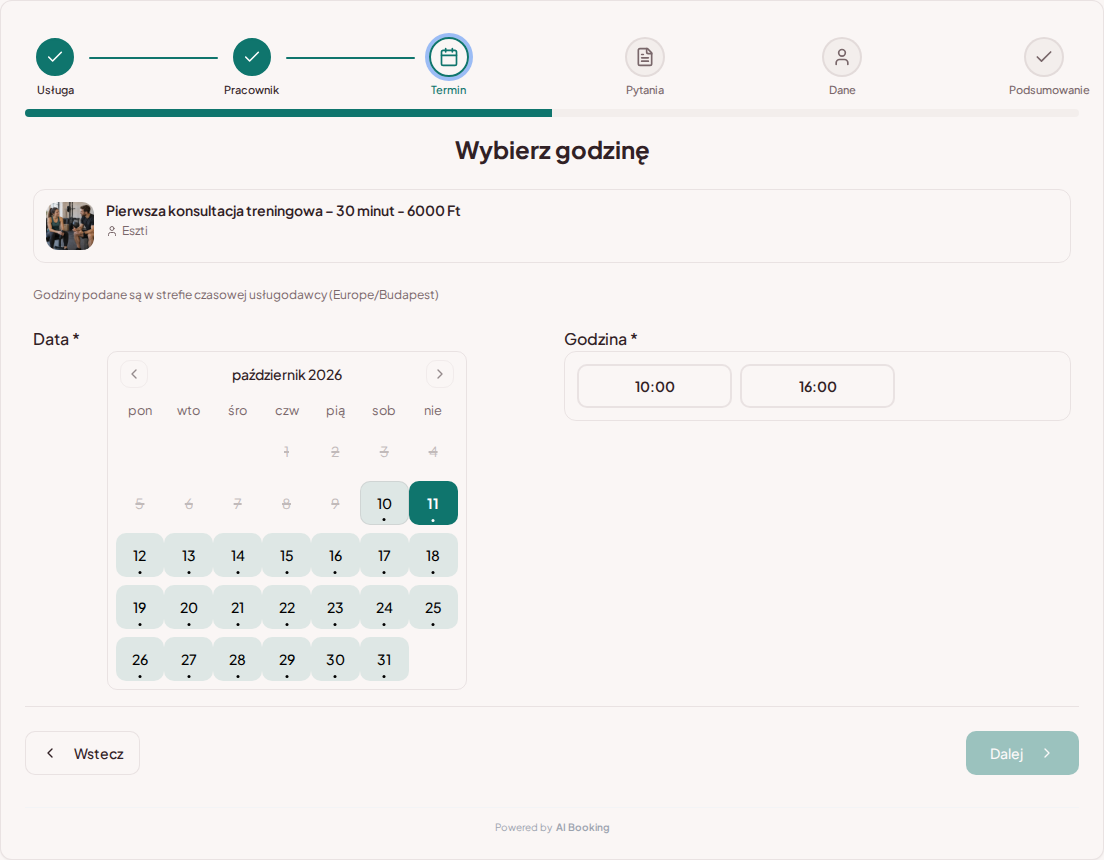 System rezerwacji dla trenerów personalnych – Kalendarz rezerwacji treningów personalnych z wolnymi terminami dla wybranej usługi