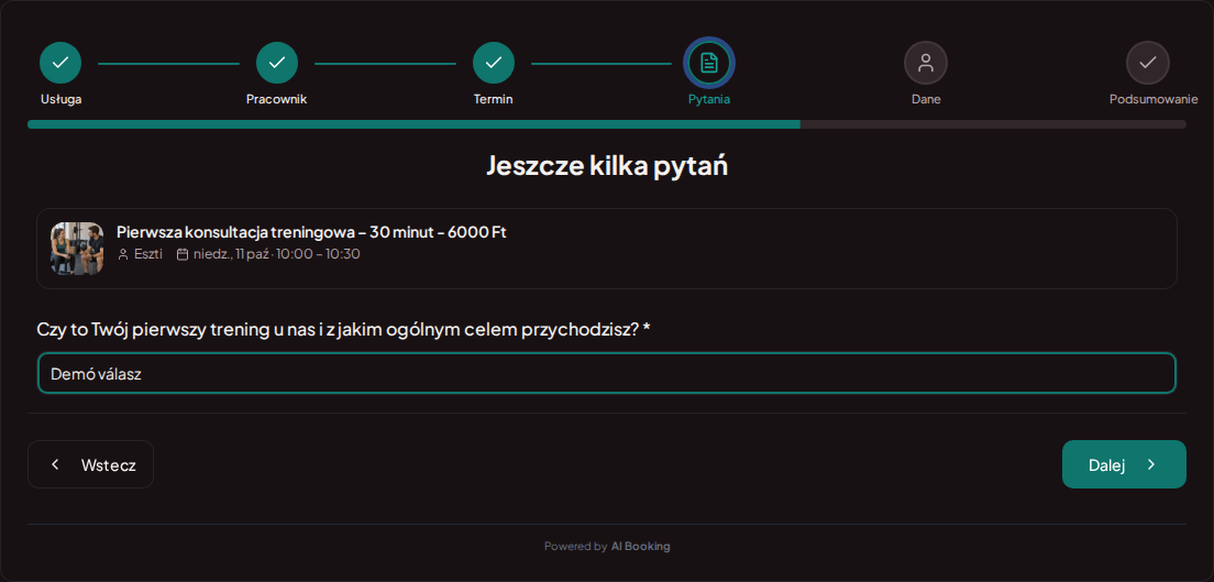 System rezerwacji dla trenerów personalnych – Pytanie wstępne przy rezerwacji treningu: Czy to Twój pierwszy trening u nas i z jakim ogólnym celem przychodzisz?