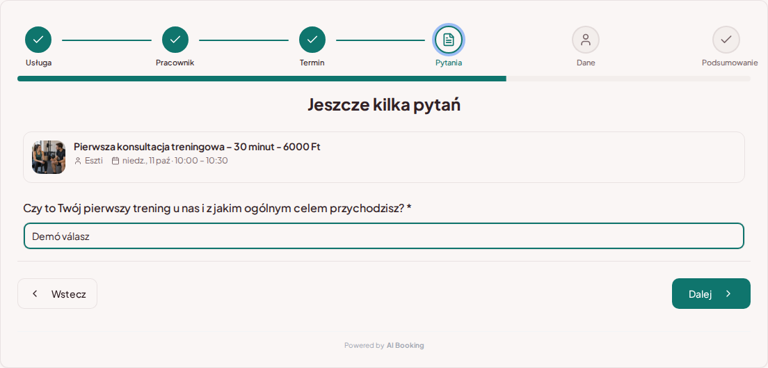 System rezerwacji dla trenerów personalnych – Pytanie wstępne przy rezerwacji treningu: Czy to Twój pierwszy trening u nas i z jakim ogólnym celem przychodzisz?