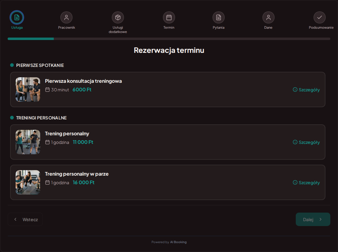 System rezerwacji dla trenerów personalnych – Pierwsza konsultacja treningowa, Trening personalny, Trening personalny w parze z cenami, czasem trwania i kategoriami