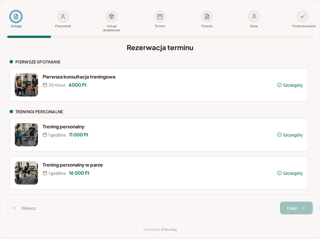 System rezerwacji dla trenerów personalnych – Pierwsza konsultacja treningowa, Trening personalny, Trening personalny w parze z cenami, czasem trwania i kategoriami