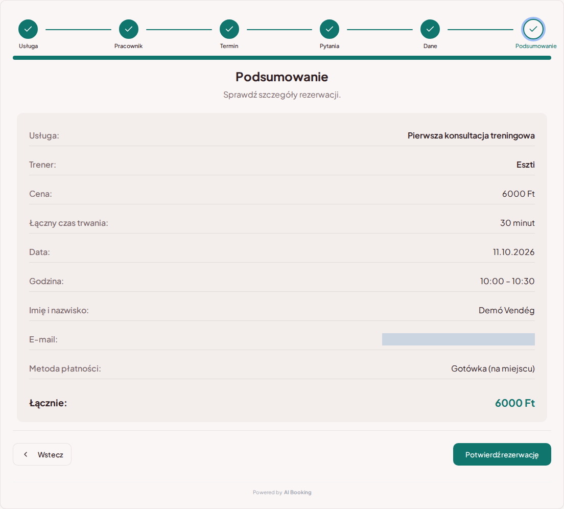 System rezerwacji dla trenerów personalnych – Podsumowanie rezerwacji treningu z usługą, specjalistą, terminem i ceną