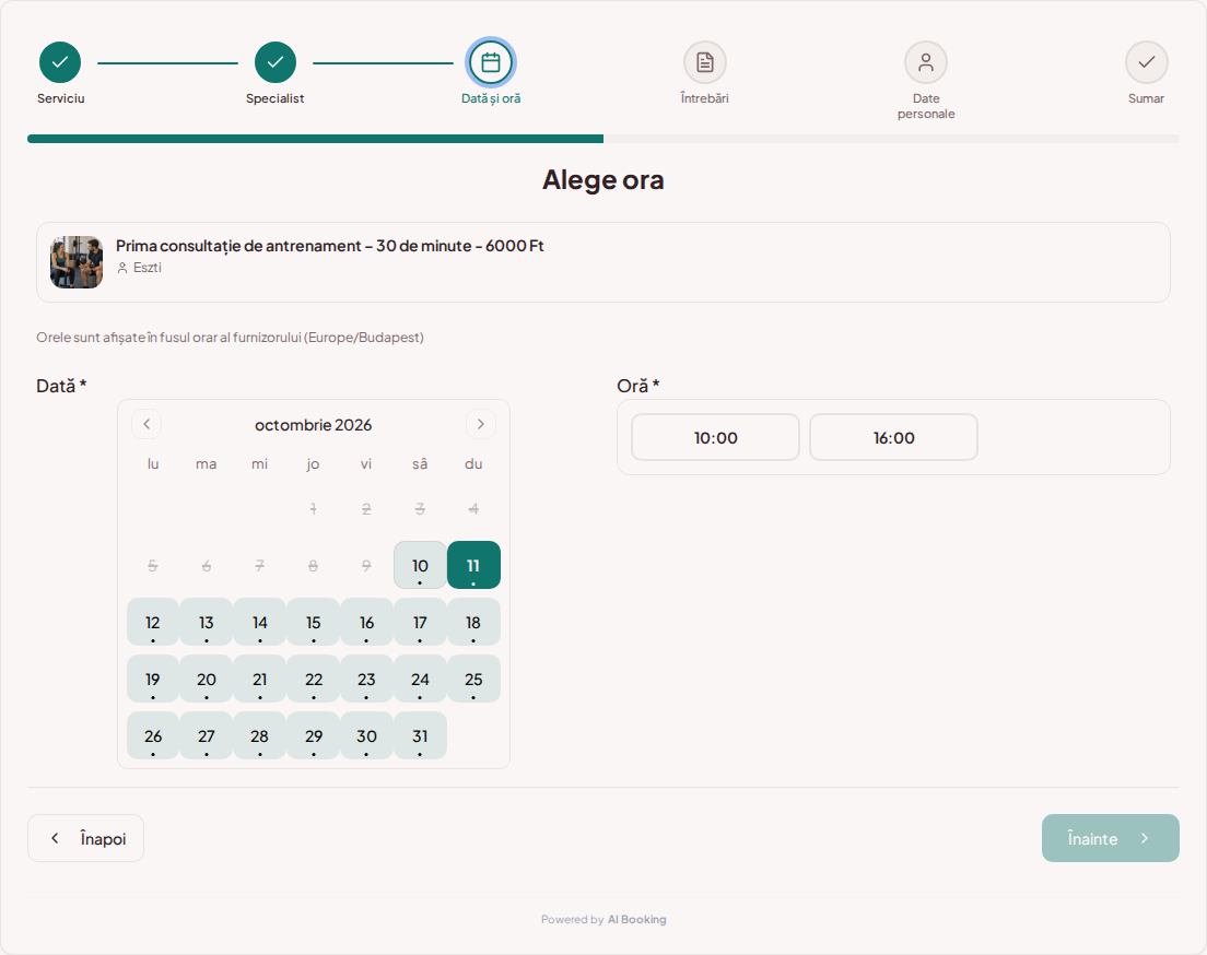 Sistem de programări pentru antrenori personali – Calendar de rezervări pentru antrenament personal cu intervale libere pentru serviciul ales
