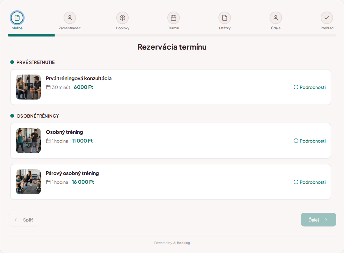 Systém na rezerváciu termínov pre osobných trénerov – Prvá tréningová konzultácia, Osobný tréning, Párový osobný tréning s cenami, dĺžkou a kategóriami