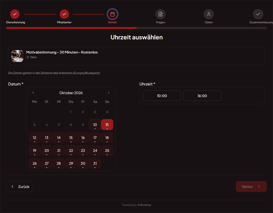 Terminbuchungssystem für Tätowierer – Terminbuchungskalender für Tätowierer mit freien Terminen für den gewählten Service