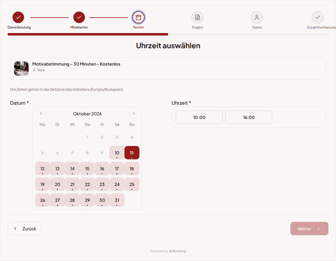 Terminbuchungssystem für Tätowierer – Terminbuchungskalender für Tätowierer mit freien Terminen für den gewählten Service