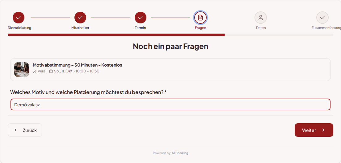 Terminbuchungssystem für Tätowierer – Vorabfrage zur Tattoo-Session: Welches Motiv und welche Platzierung möchtest du besprechen?