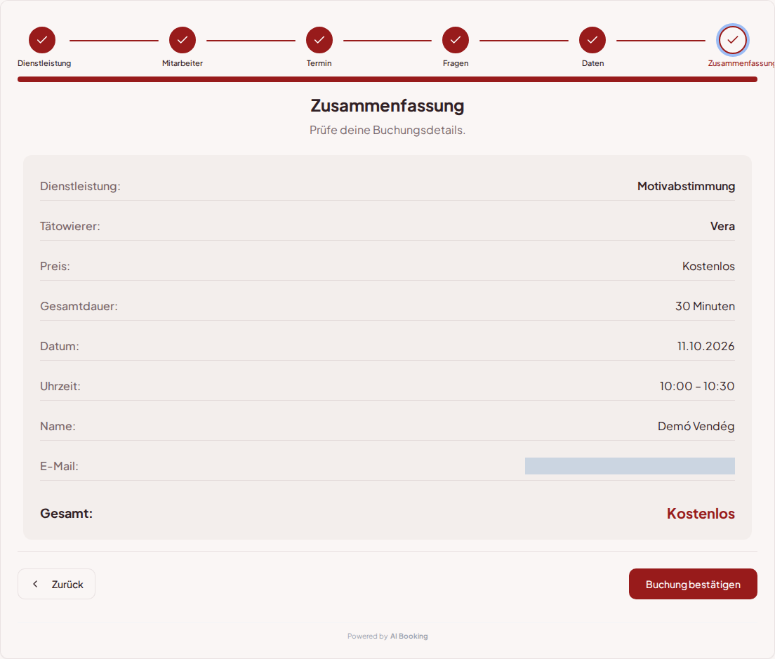 Terminbuchungssystem für Tätowierer – Zusammenfassung der Tattoo-Session mit Service, Fachkraft, Termin und Preis
