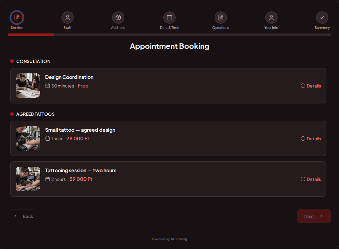 Appointment booking system for tattoo artists – Design Coordination, Small tattoo — agreed design, Tattooing session — two hours with prices, durations, and categories Appointment booking system for tattoo artists – Design Coordination, Small tattoo — agreed design, Tattooing session — two hours with prices, durations, and categories
